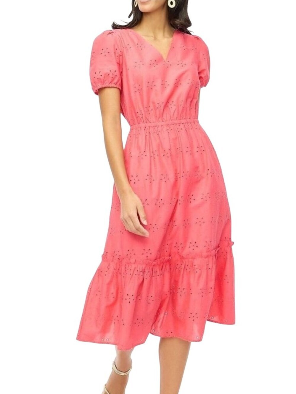 J.Crew 2024 Eyelet Bohemian Midi Dress Guava Ruffled Tiered Puff Sleeve Size 16
